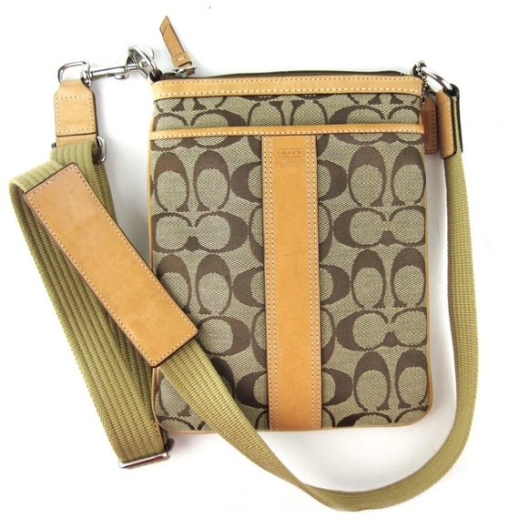 Coach crossbody sling bag purse clutch adjustable strap brown tan leather canvas - Picture 1 of 10